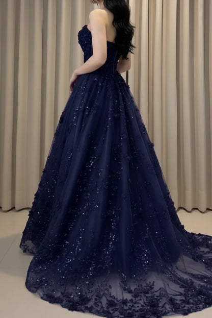Navy Blue A Line Strapless Sequin and 3D Flower Ball Gown Prom Dress Evening Dress DP7607