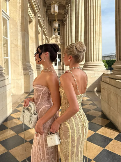 Sexy Yellow Lace Corset Column with Lace-Up Back Prom Dress Evening Dress DP7609