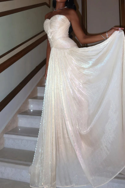 Ivory A-Line Sweetheart Neck Pleated Shimmer Gown Prom Dress DP7603
