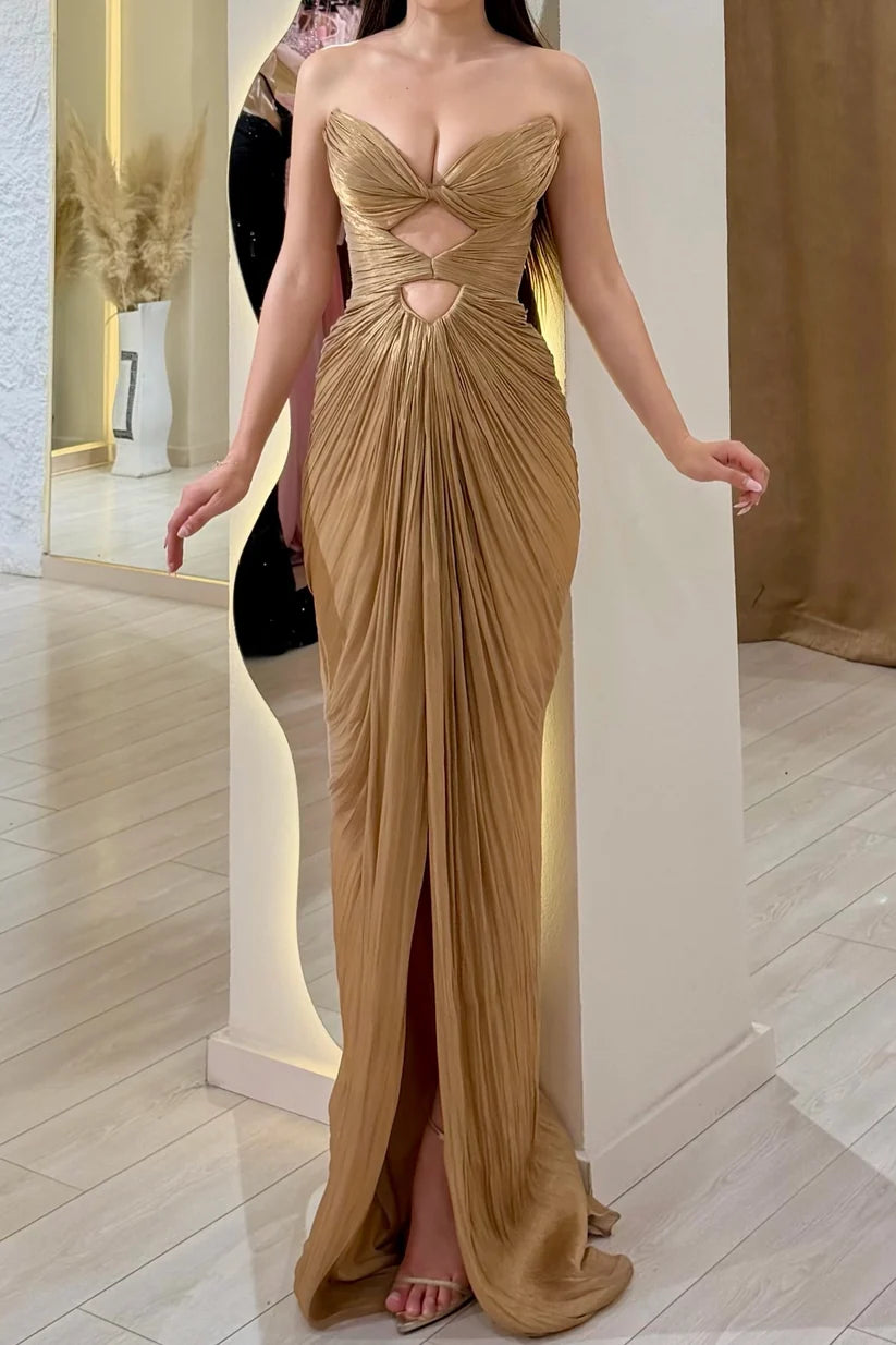 Brown Strapless Pleated Cut-Out High Slit Prom Dress Evening Dress DP7614