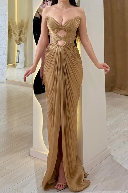 Brown Strapless Pleated Cut-Out High Slit Prom Dress Evening Dress DP7614