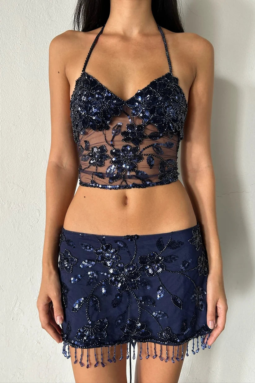 Two Piece Navy Blue Sheath Beaded Sequin Tulle Short Homecoming Dress DP7690