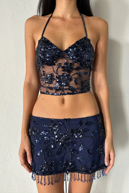 Two Piece Navy Blue Sheath Beaded Sequin Tulle Short Homecoming Dress DP7690