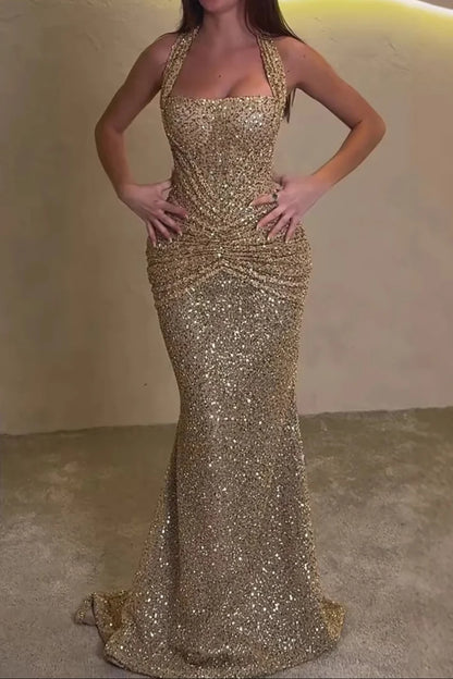 Gold Sequin Halter Neck Mermaid Prom Dress Evening Dress DP7610