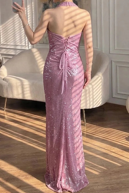 Pink Ruched Sequin Halter Mermaid Prom Dress Evening Dress DP7611
