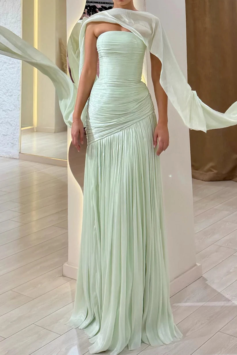 Green Strapless Ruched Pleated Gown with Detachable Cape Prom Dress Evening Dress DP7613