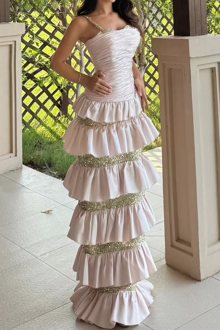 Pink Sheath Ruched Tiered Maxi Gown with Crystal Straps Prom Dress DP7605