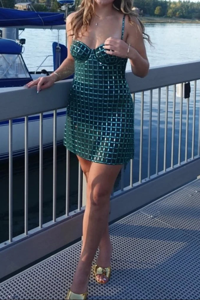 Shiny Rhinestone Emerald Sheath Strapless Satin Short Homecoming Dress DP7687