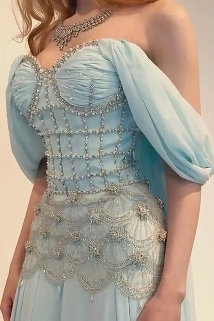Baby Blue A Line Pearl Beaded Corset Chiffon Prom Dress Evening Dress DP7612