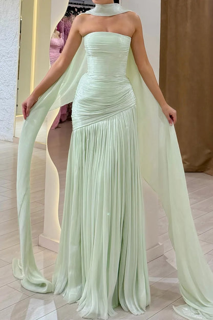 Green Strapless Ruched Pleated Gown with Detachable Cape Prom Dress Evening Dress DP7613