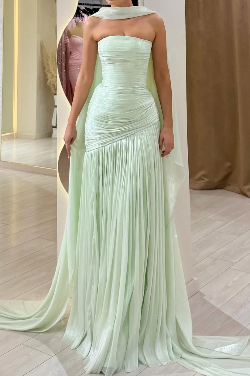 Green Strapless Ruched Pleated Gown with Detachable Cape Prom Dress Evening Dress DP7613