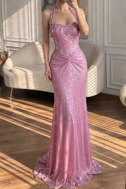 Pink Ruched Sequin Halter Mermaid Prom Dress Evening Dress DP7611
