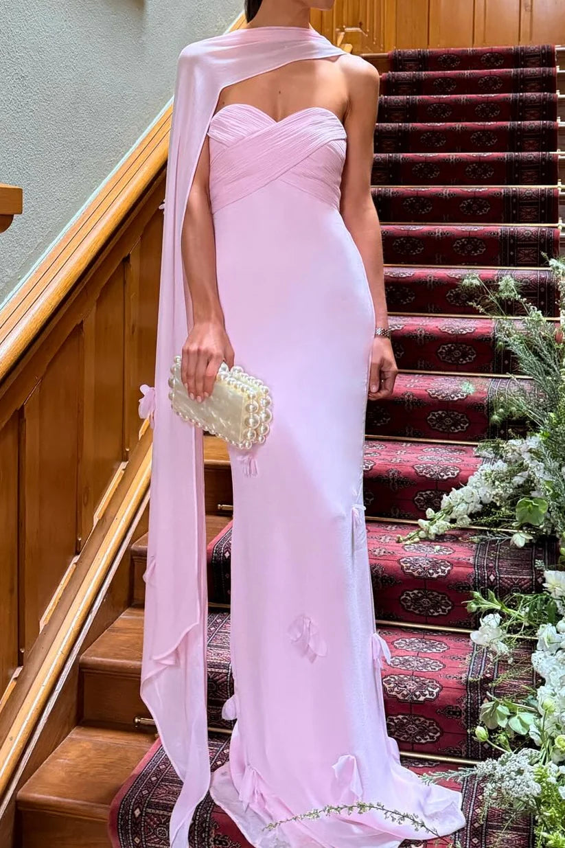 Pink Sheath Strapless Sweetheart Cape Gown with 3D Florals Prom Dress Evening Dress DP7608