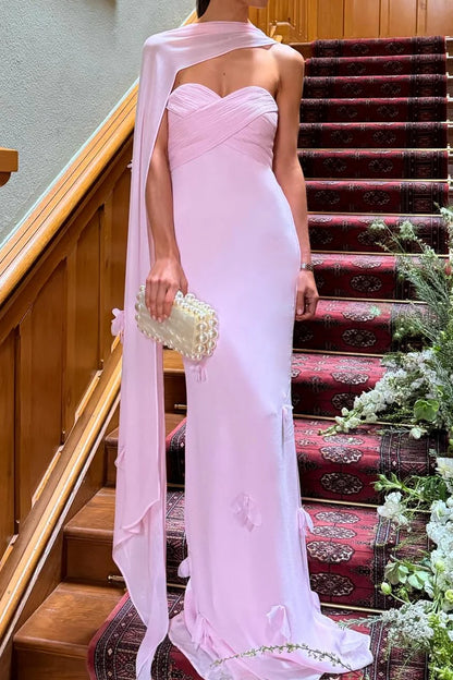 Pink Sheath Strapless Sweetheart Cape Gown with 3D Florals Prom Dress Evening Dress DP7608