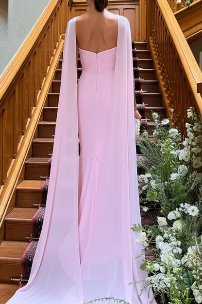 Pink Sheath Strapless Sweetheart Cape Gown with 3D Florals Prom Dress Evening Dress DP7608