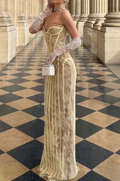 Sexy Yellow Lace Corset Column with Lace-Up Back Prom Dress Evening Dress DP7609