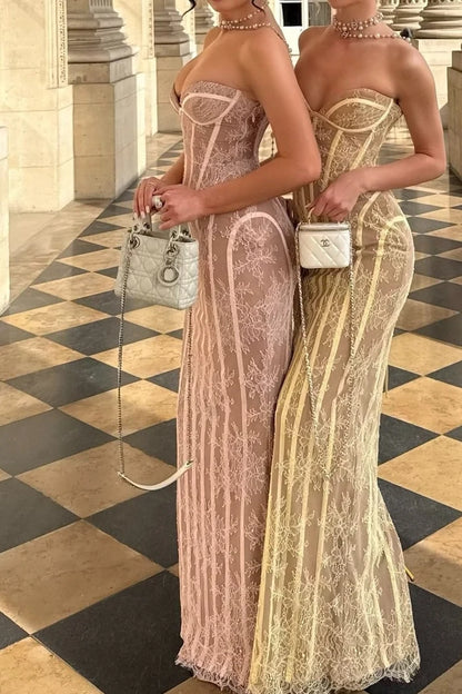 Sexy Yellow Lace Corset Column with Lace-Up Back Prom Dress Evening Dress DP7609