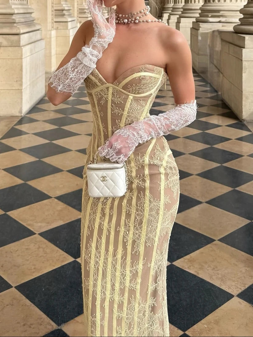 Sexy Yellow Lace Corset Column with Lace-Up Back Prom Dress Evening Dress DP7609