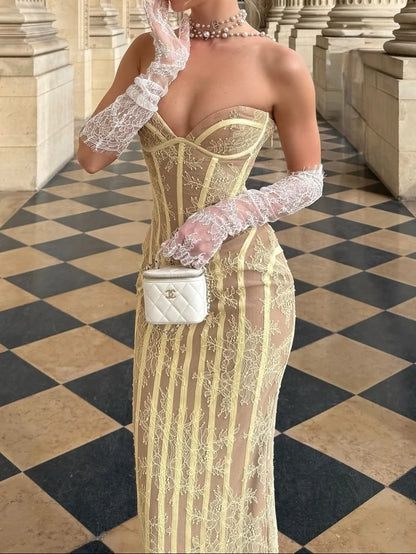 Sexy Yellow Lace Corset Column with Lace-Up Back Prom Dress Evening Dress DP7609