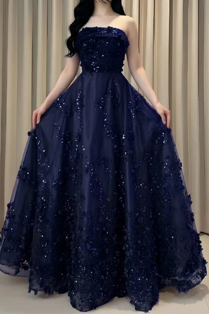 Navy Blue A Line Strapless Sequin and 3D Flower Ball Gown Prom Dress Evening Dress DP7607