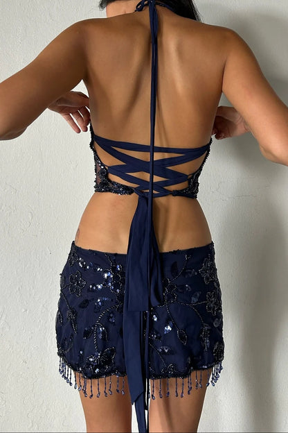Two Piece Navy Blue Sheath Beaded Sequin Tulle Short Homecoming Dress DP7690