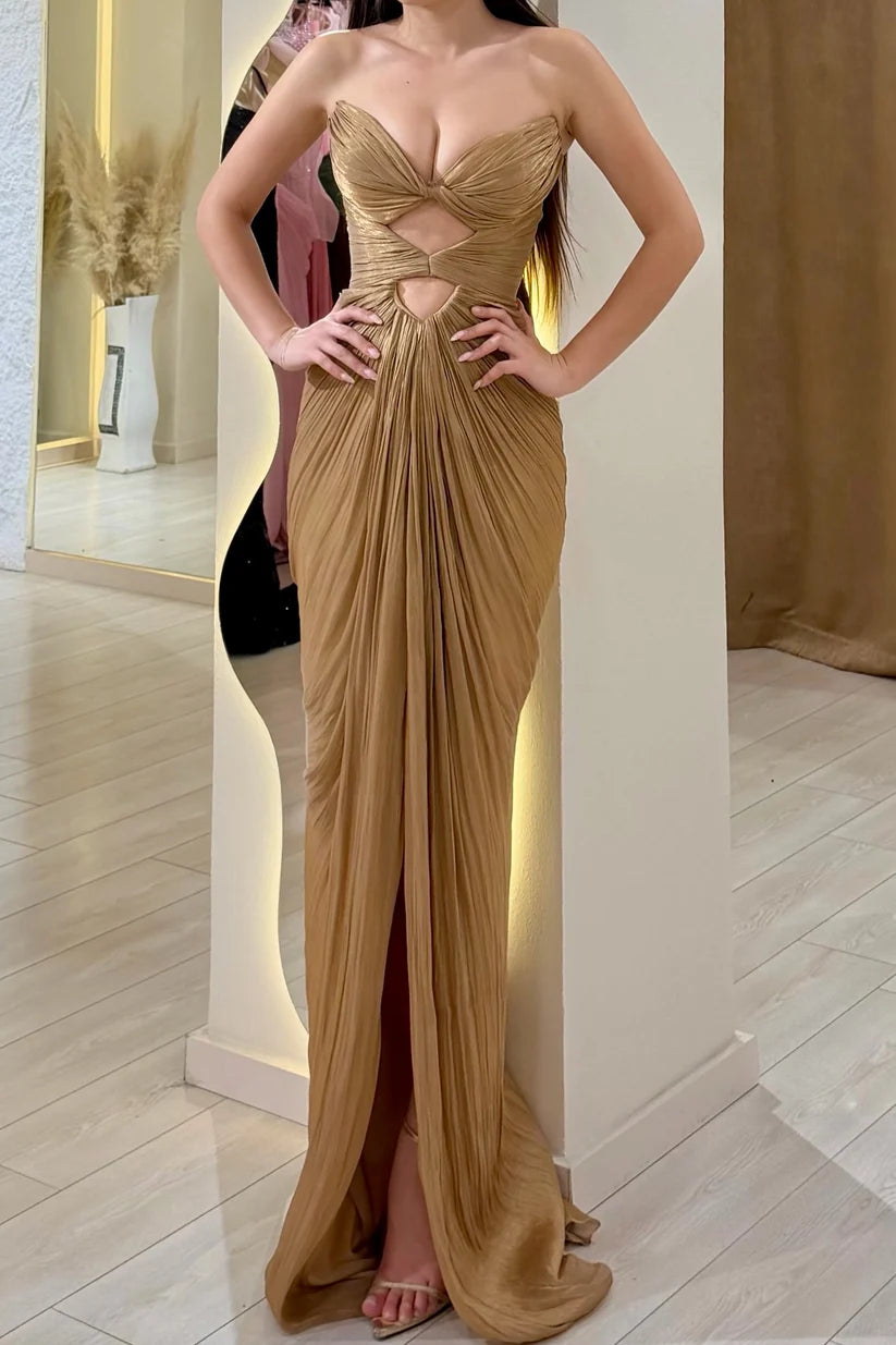 Brown Strapless Pleated Cut-Out High Slit Prom Dress Evening Dress DP7614
