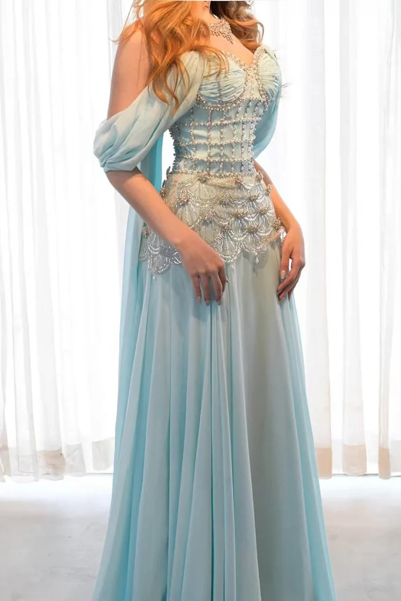 Baby Blue A Line Pearl Beaded Corset Chiffon Prom Dress Evening Dress DP7612