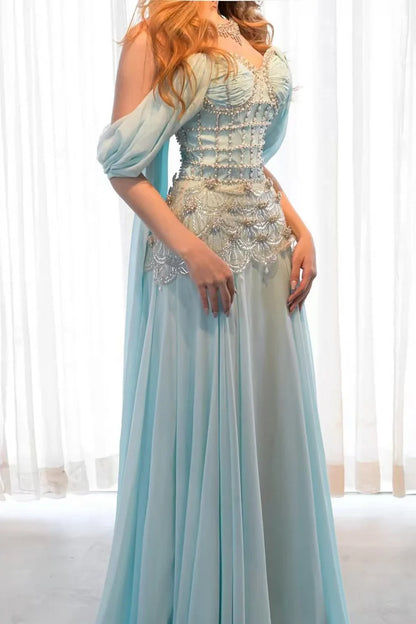 Baby Blue A Line Pearl Beaded Corset Chiffon Prom Dress Evening Dress DP7612