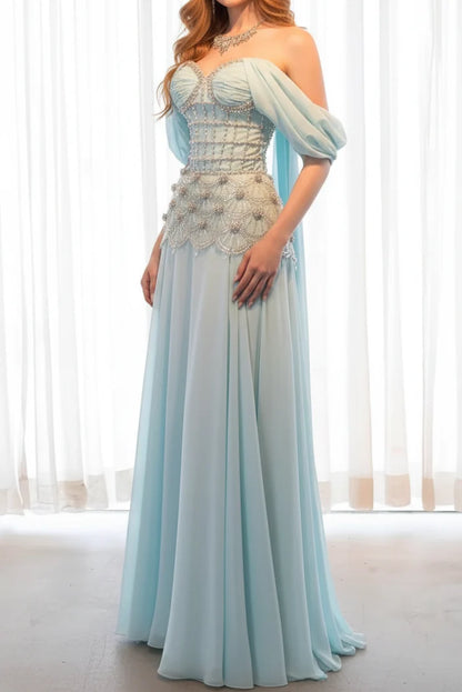 Baby Blue A Line Pearl Beaded Corset Chiffon Prom Dress Evening Dress DP7612
