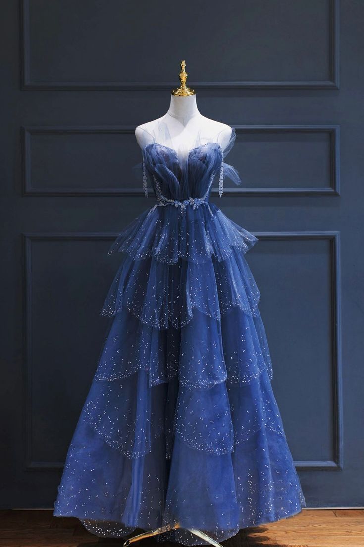 Stunning Exquisite Beaded A Line Strapless Layered Blue Tulle Prom Dress Evening Dress Date Dress DP3469