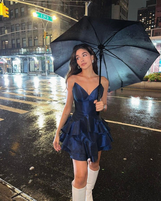 Navy Blue A Line Strapless Layered Satin Short Cocktail Dress Homecoming Dress DP2874