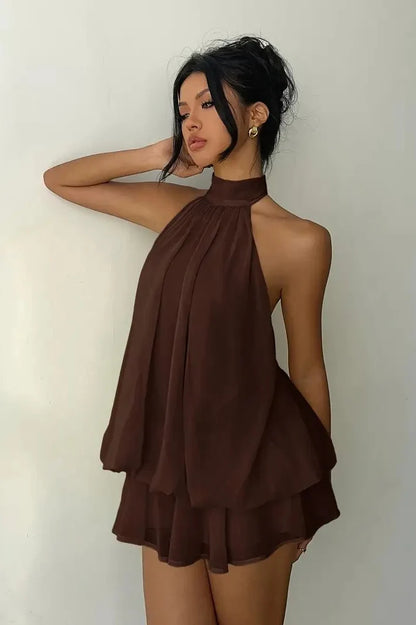 Blue Sexy Backless Halter Tie Waist Slim Fit Ruffled Mini Dress Homecoming Dress DP5910