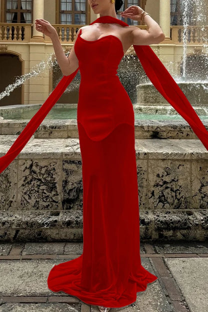 Sexy Red Sheath Strapless Ethereal Chiffon Long Prom Dress Evening Dress DP7114