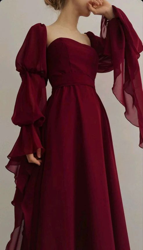 Flowy Elegant Dark Blue Long Sleeve Chiffon Long Party Dress Date Dress DP2932