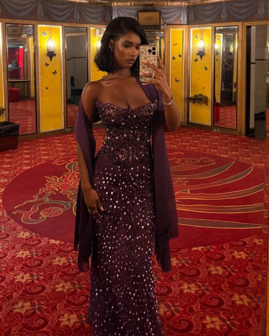 Luxurious Purple Sheath Strapless Beaded Sequin Chiffon Prom Dress Evening Dress DP6903