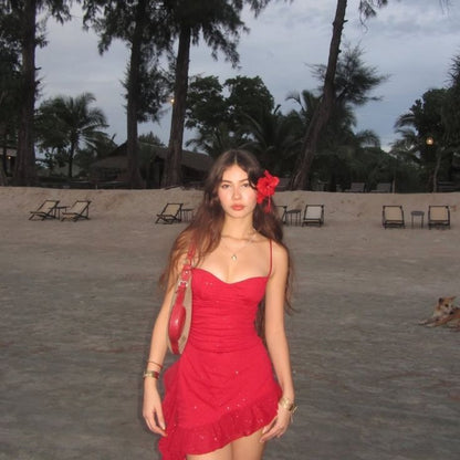 Red A Line Spaghetti Strap Sequin Tulle Short Homecoming Dress Vacation Dress DP3988