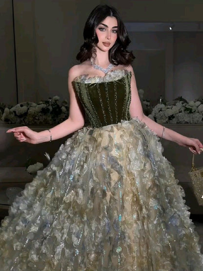 Green A Line Strapless Velvet 3D Floral Tulle Prom Dress Evening Dress DP8062