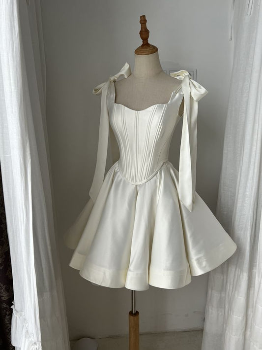White A Line Bow Strap Satin Short Homecoming Dress Party Dress DP3868