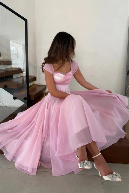 Princess Pink A Line Straps Tulle Chiffon Prom Dress Party Evening Dress DP5372