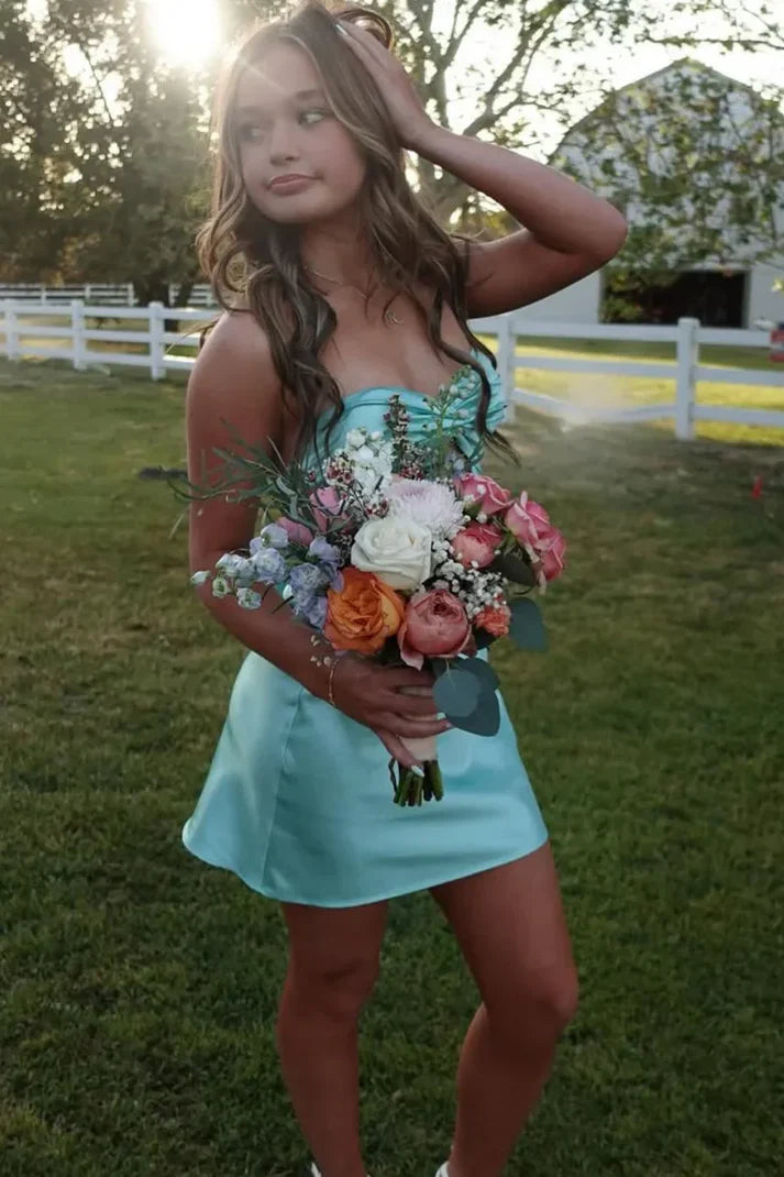 Cute Blue Bow A Line Sweetheart Neck Satin Mini Homecoming Dress Cocktail Dress DP3059