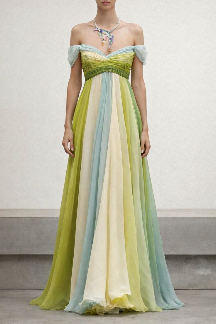 Colorful A Line Off the Shoulder Flowy Chiffon Long Prom Dress Evening Dress DP5762