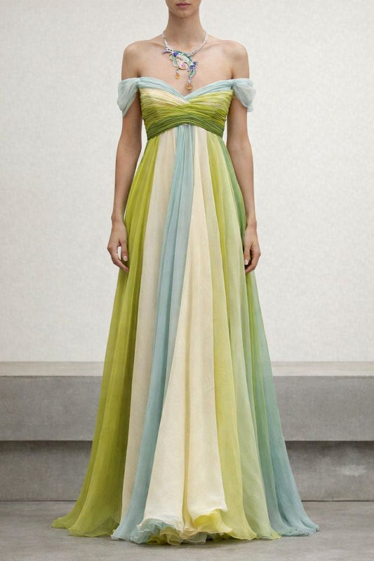 Colorful A Line Off the Shoulder Flowy Chiffon Long Prom Dress Evening Dress DP5762