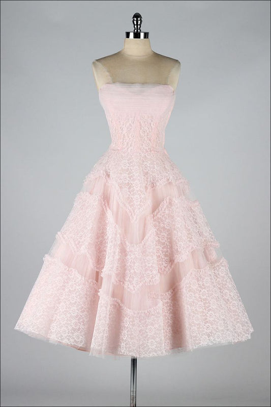 Vintage Strapless Pink Lace Tulle Short Homecoming Dress Evening Dress DP1445