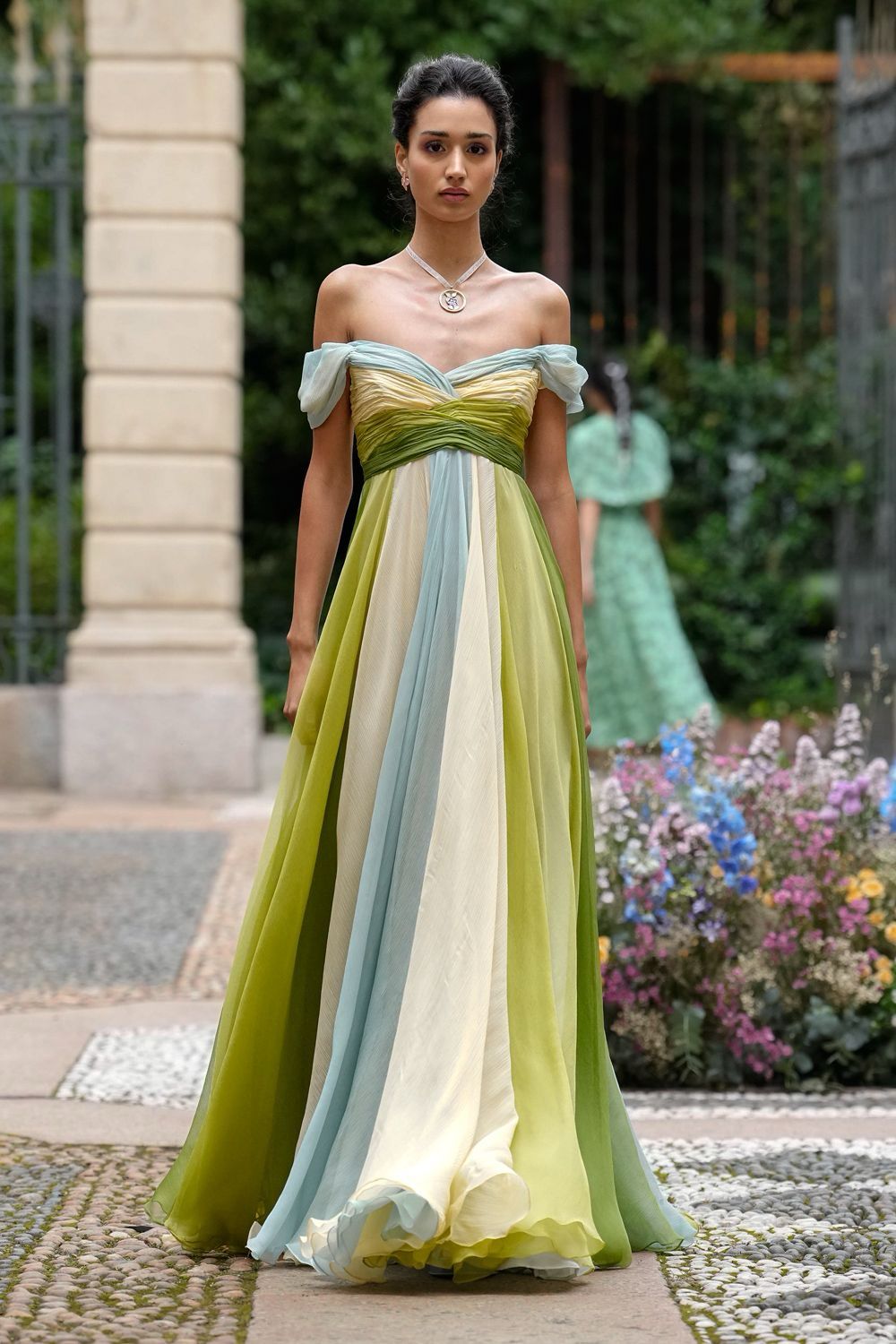 Colorful A Line Off the Shoulder Flowy Chiffon Long Prom Dress Evening Dress DP5762