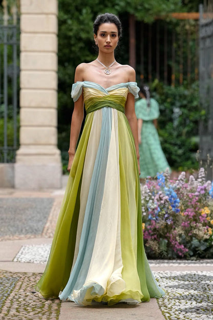 Colorful A Line Off the Shoulder Flowy Chiffon Long Prom Dress Evening Dress DP5762