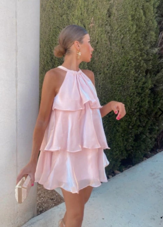 Pink Simple A Line Halter Layered Satin Open Back Short Homecoming Dress Outfits DP3312