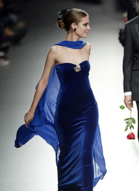 Royal Blue Sheath Strapless Velvet Chiffon Long Prom Dress Evening Dress DP4230
