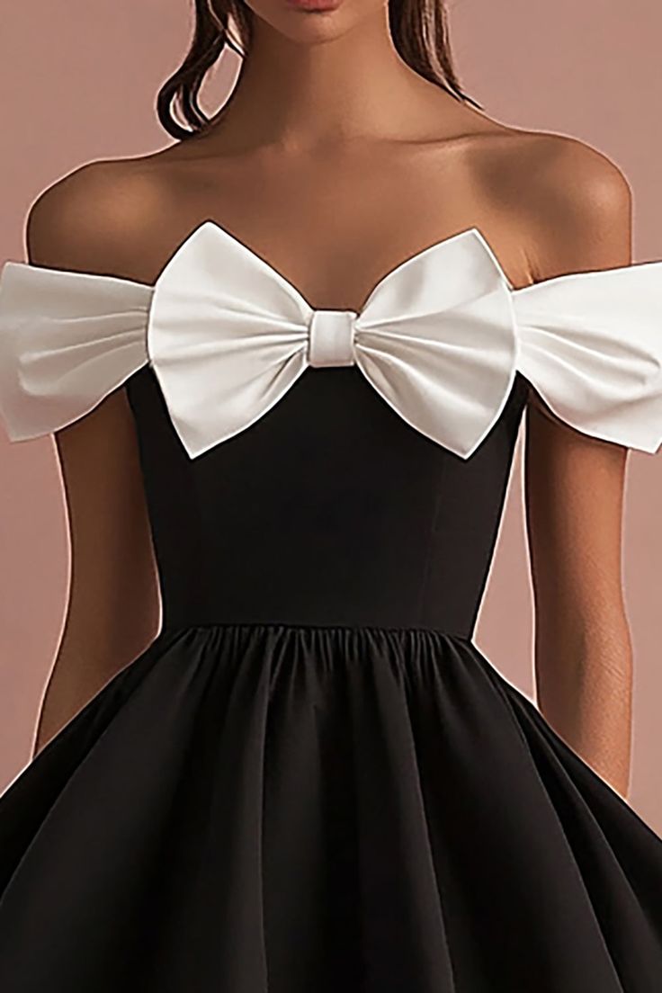 Cute White Bow A Line Off the Shoulder Black Satin Short Homecoming Dress Cocktail Dress DP3065
