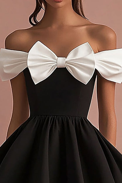 Cute White Bow A Line Off the Shoulder Black Satin Short Homecoming Dress Cocktail Dress DP3065
