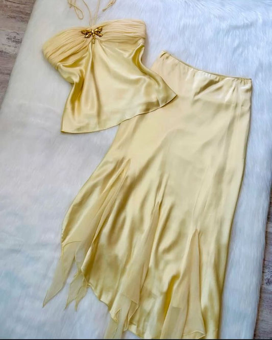Yellow Two Piece Flowy Halter Satin Chiffon Open Back Formal Party Dress Homecoming Dress DP3002